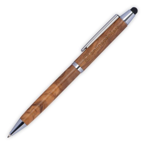 Wooden ballpoint pen with touch function and clip.