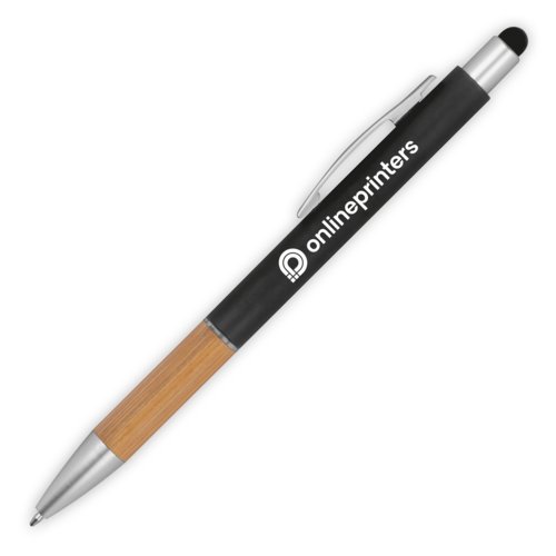 Black ballpoint pen with touch function and clip.