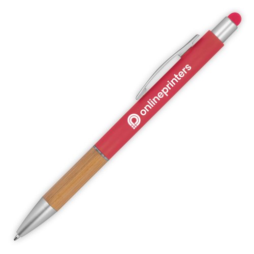 Red wooden ballpoint pen with touch function and clip.
