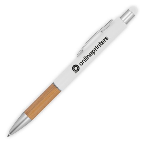 White wooden ballpoint pen with touch function and clip.