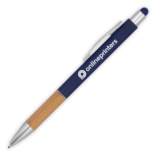Dark blue ballpoint pen with touch function and clip.