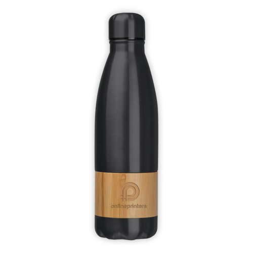 Black stainless steel bottle with bamboo accent.