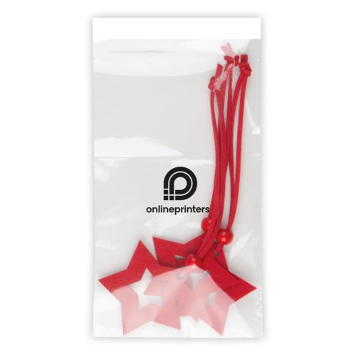 Red felt star pendant set with cord and bead.