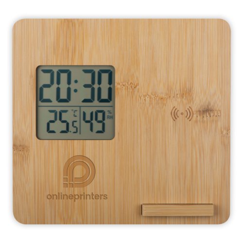 Light wooden weather station with digital display.