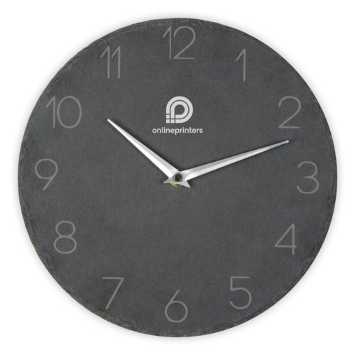 Gray slate wall clock with hands and numbers.