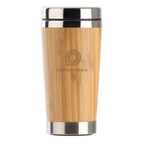 Stainless steel and bamboo drinking cup with lid.