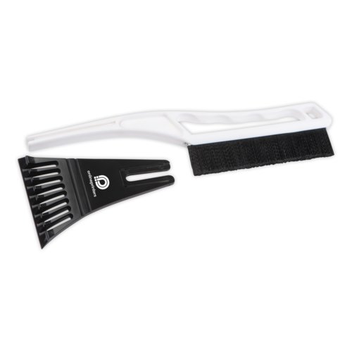 White plastic ice scraper with detachable scraper and brush.