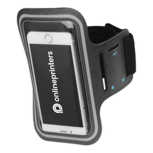 Gray fabric mobile phone holder for attachment to the upper arm with adjustable velcro.