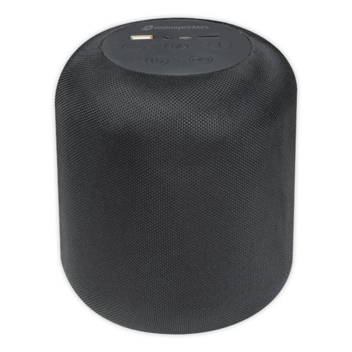 Black Bluetooth speaker with controls and USB port.