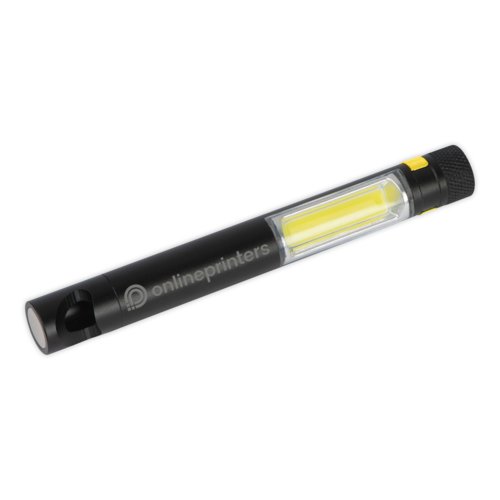 Black metal COB flashlight with bottle opener.