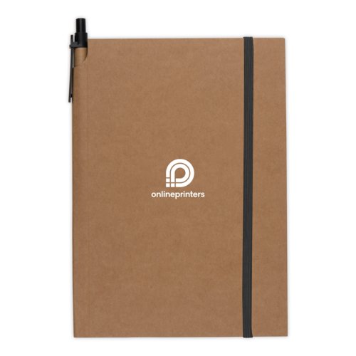 Brown notebook with elastic band and pen loop.