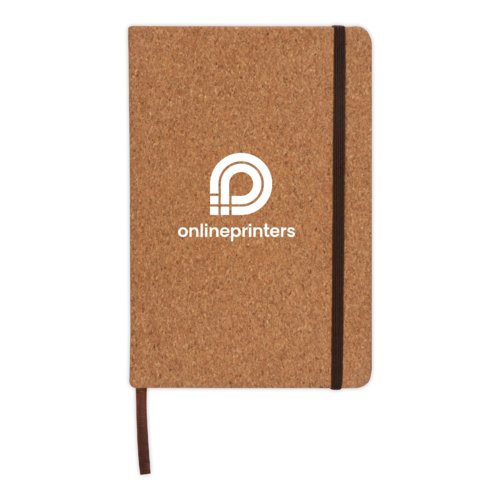 Cork notebook with elastic band closure and ribbon bookmark.
