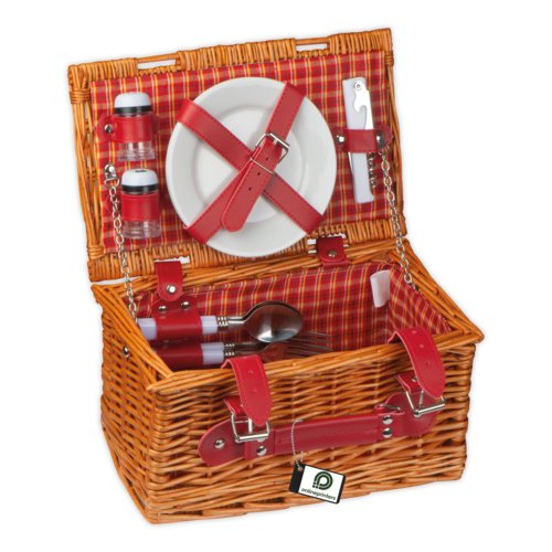 Natural-colored Wicker Picnic Basket with Carrying Handle.