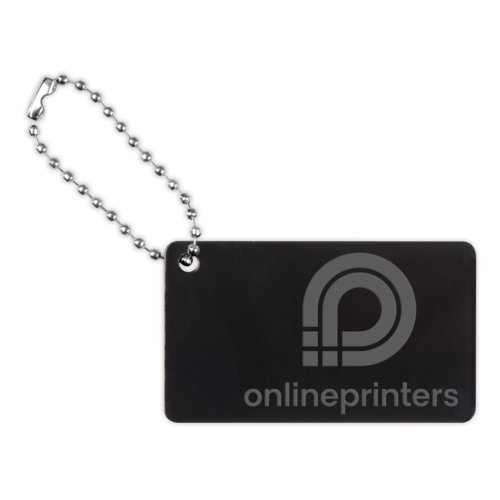 Black metal tag with ball chain.