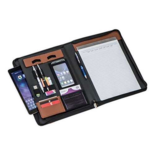 Brown faux leather writing case with zipper and inside pockets.