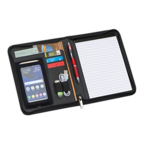 Black writing folder with zipper and various compartments.