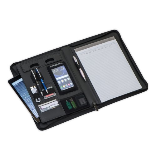 Black writing case with zipper and various compartments.