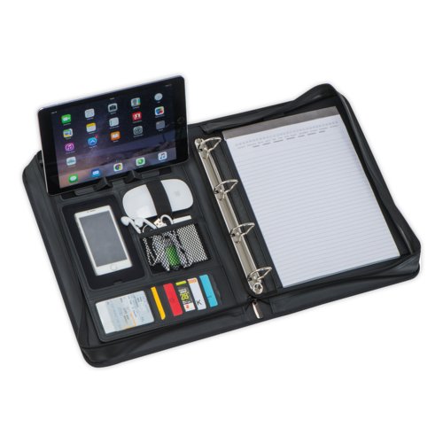 Black faux leather writing case with ring binder mechanism and zipper.
