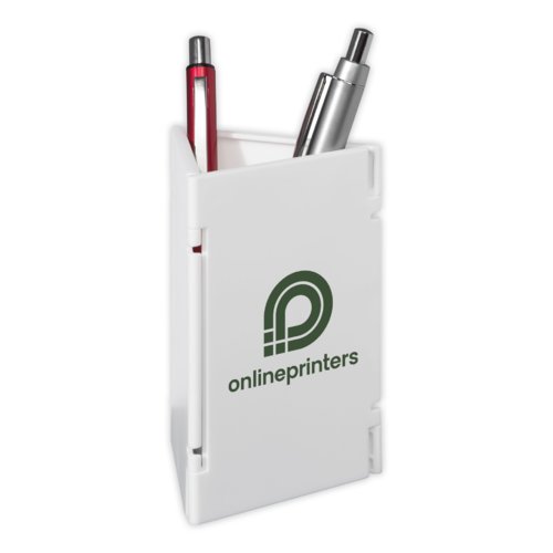White, foldable plastic pen holder.