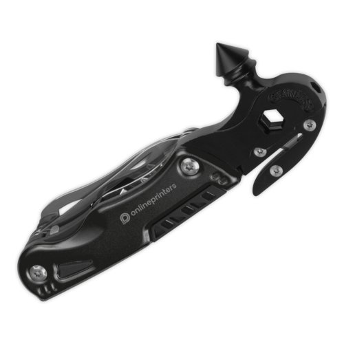 Black metal multi-tool with various tools.