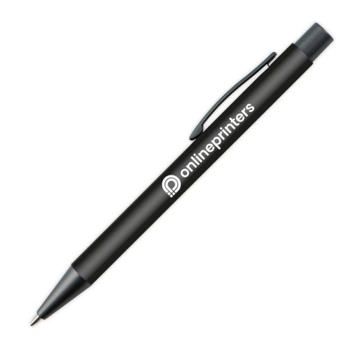 Black ballpoint pen with clip and push mechanism.