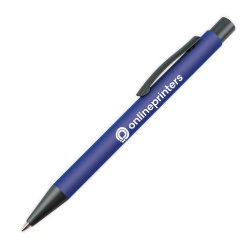 Blue plastic ballpoint pen with clip and push mechanism.