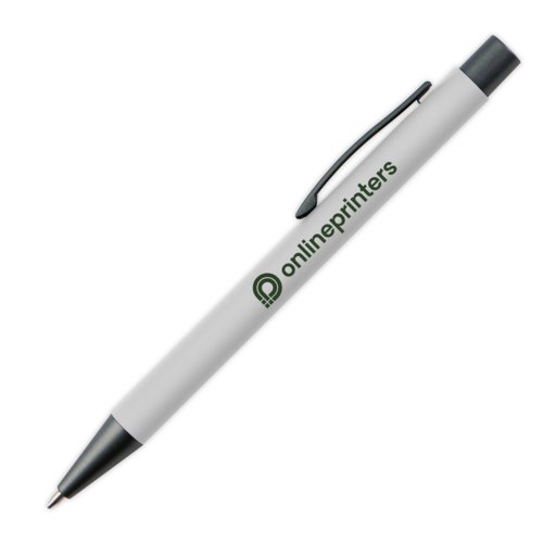 White ballpoint pen with clip and push mechanism.