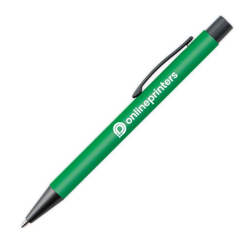 Green plastic ballpoint pen with clip and push button.