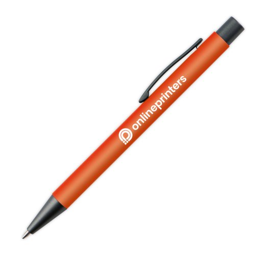 Orange plastic ballpoint pen with clip and push button.