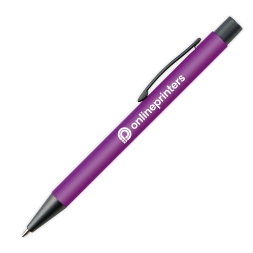 Violet plastic ballpoint pen with clip and push button.