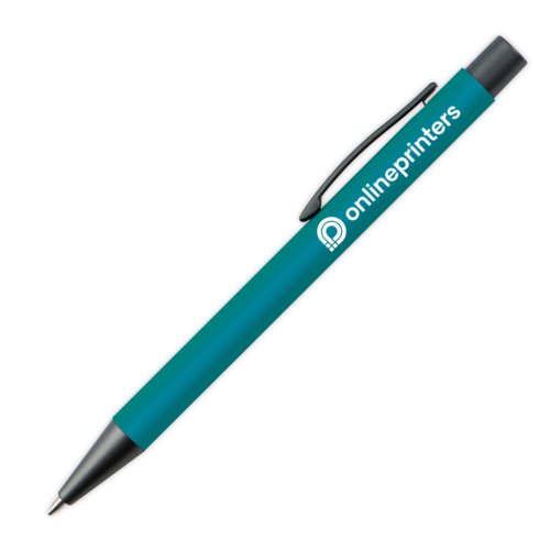 Turquoise plastic ballpoint pen with clip and push button.