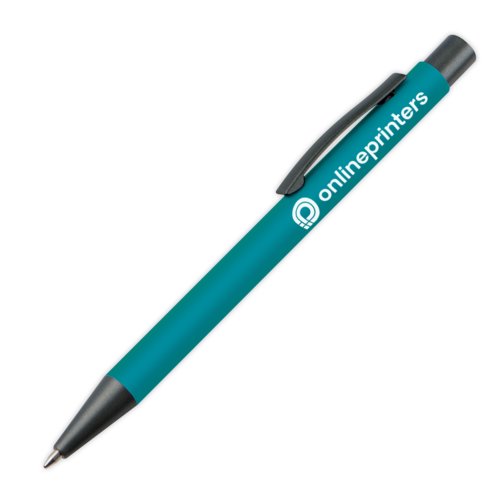 Turquoise pattern ballpoint pen with clip and push mechanism.