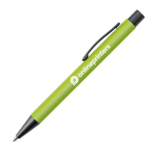 Apple green plastic ballpoint pen with clip and push button.
