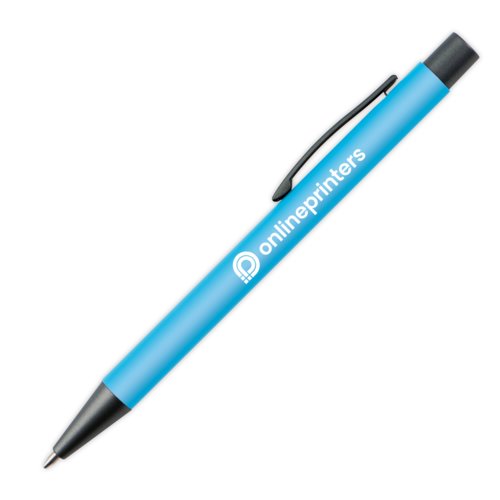 Light blue ballpoint pen with clip and push mechanism.