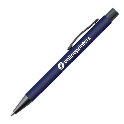 Dark blue plastic ballpoint pen with pattern and clip.