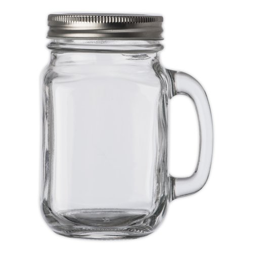Transparent glass drinking glass with handle and screw lid.