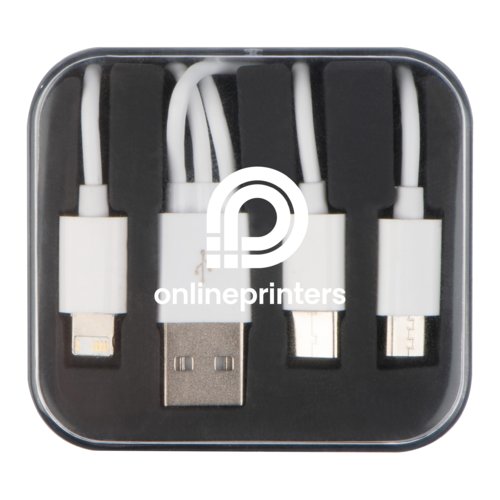 White 3-in-1 USB charging cable with multiple connectors.