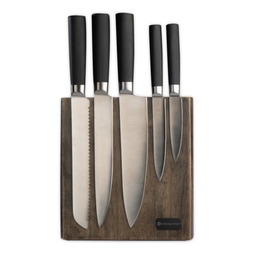 Wooden knife block with six steel knives and black handles.