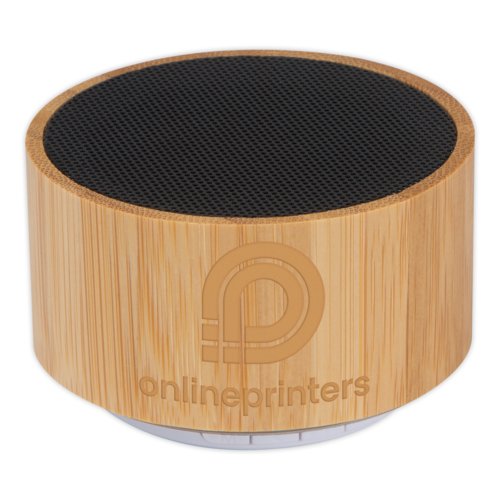 Light wood speaker with black grille.