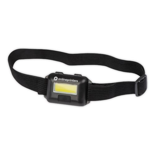 Black plastic headlamp with adjustable strap.