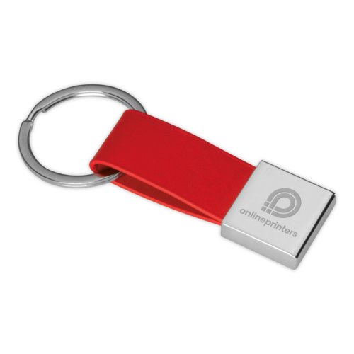 Red keychain with metal ring.