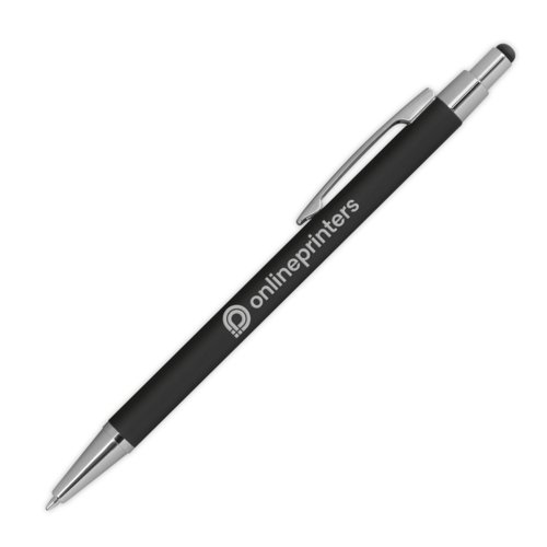 Black metal ballpoint pen with touch function and clip.