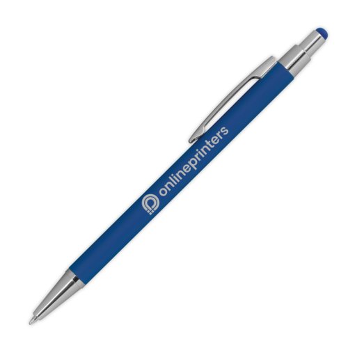 Blue metal ballpoint pen with touch function and clip.