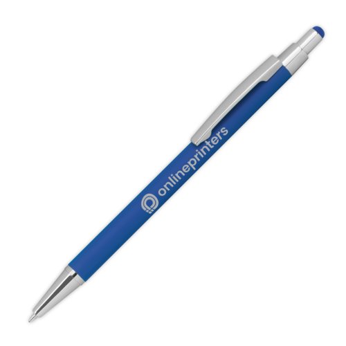 Blue metal ballpoint pen with touch function and clip.