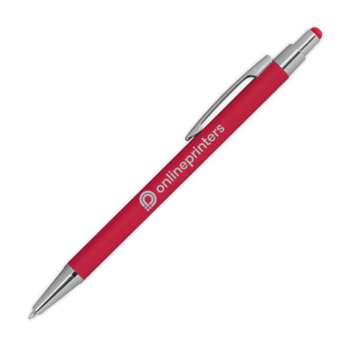 Red metal ballpoint pen with touch function and clip.