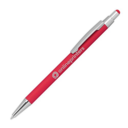Red metal ballpoint pen with touch function and clip.