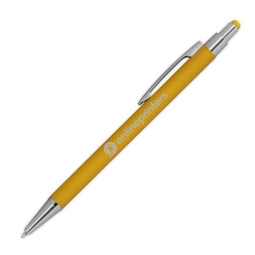 Yellow metal ballpoint pen with touch function and clip.