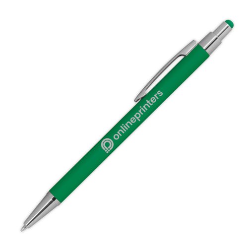 Green metal ballpoint pen with touch function and clip.