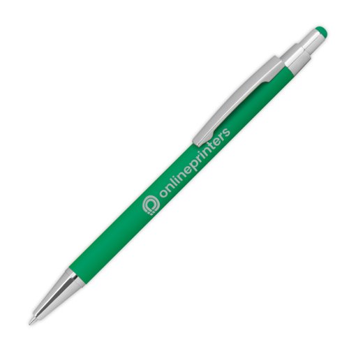 Green metal ballpoint pen with touch function and clip.