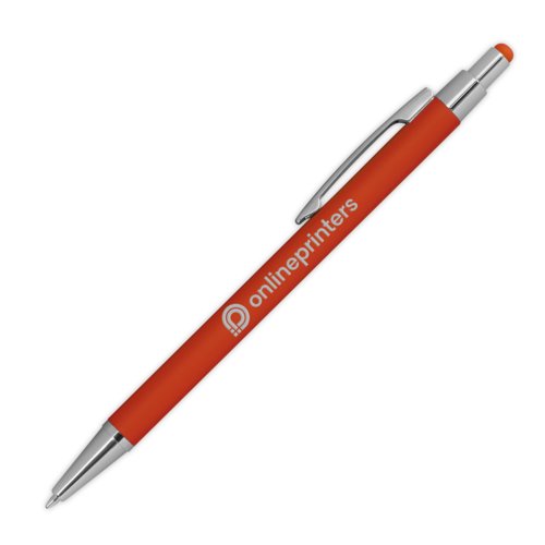 Orange metal ballpoint pen with touch function and clip.